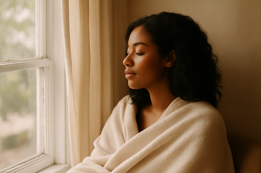A young African American woman with glowing brown skin gazes peacefully out of a sunlit window. Her dark wavy hair frames her face as warm, natural light fills the room, evoking softness, rest, and quiet strength.