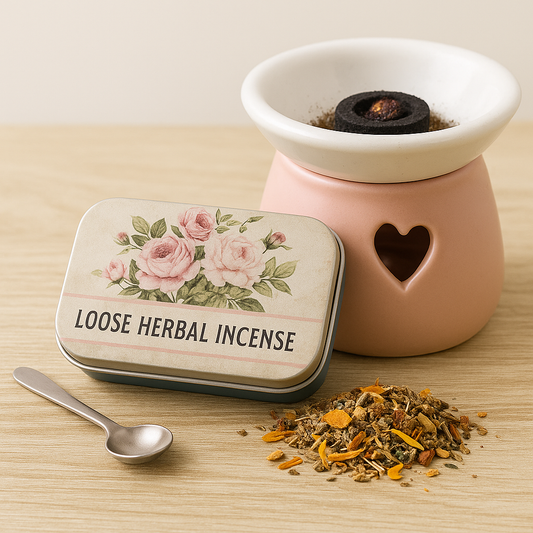 Loose herbal incense with a scented burner and floral tin on a wooden surface